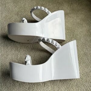 Glossy White Wedges with Pearl Studded Strap